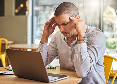 Buy stock photo Work, anxiety and a stress headache, man on a computer at his office desk. Employee having a burnout and working, thinking about debt or a deadline. Tired businessman online on laptop with head pain.