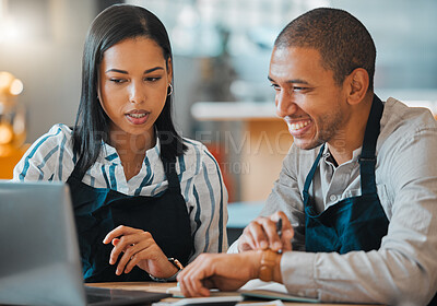 Buy stock photo Waiter, laptop and cafe restaurant manager in small business meeting with employee for financial budget or inventory. Coffee shop, bakery worker planning or review marketing or advertising strategy
