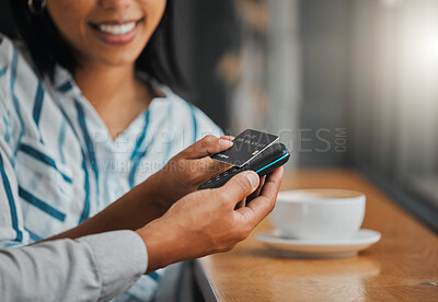 Buy stock photo Hands paying bill with credit card payment for coffee or tea at cafe, coffee shop or restaurant close up. Woman making cashless purchase with help and assistance from store worker, employee or waiter