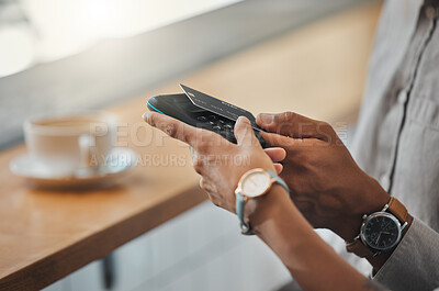 Buy stock photo Contactless payment, NFC technology and tapping a bank or credit card for payment at a coffee shop, cafe or small business. Customer purchase or buying using a digital or wireless method to pay