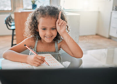 Buy stock photo Education, distance learning child in online class, maths lesson with a laptop, internet or wifi and at home. Smart, happy student raising hand on a video call while writing answer in a notebook