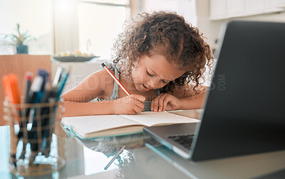 Buy stock photo Kids distance learning online, covid and home school lesson with tech education and virtual teaching on laptop video call. Young girl, child and student writing homework, assignment and studying test