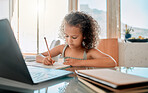 Zoom class, home school lesson and online education with little kid writing homework and test for distance learning on video call laptop. Child, young girl and student studying with virtual teaching