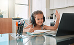 Homeschool, education and distance learning for child on laptop in home living room. Smiling, writing and happy girl or waving student greeting on video call, online school or class for homework test