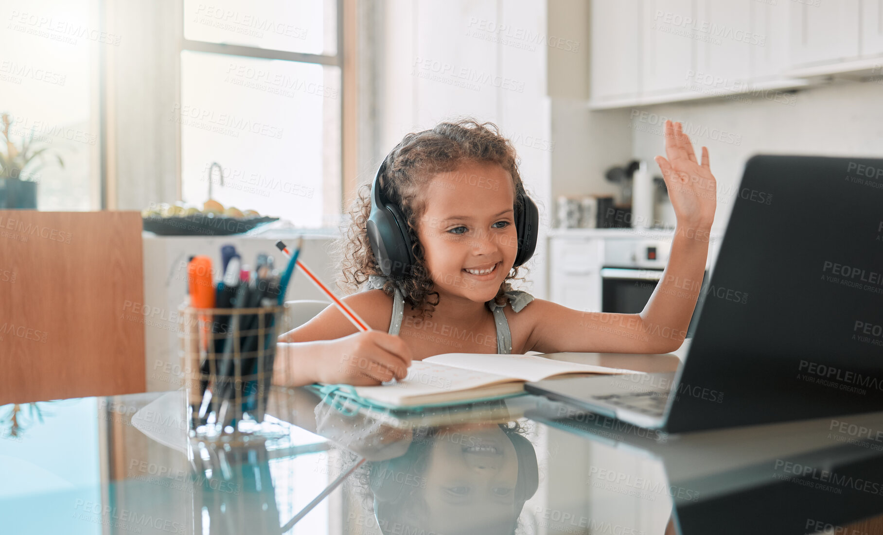Buy stock photo Homeschool, education and video call distance learning for child on laptop in home living room. Smile, writing and happy girl or waving student greeting on online school and study class for homework