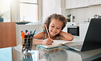 Homework, smile and preschool girl learning independence and writing in her kindergarten notebook at home alone. Education, student and happy studying, fun and working on a laptop on kitchen table