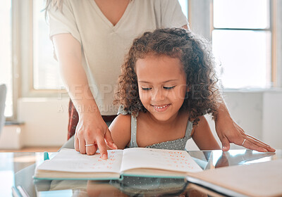 Buy stock photo Homework, support and mother with girl student teamwork, education and learning kindergarten school work. Smile, notebook and mom study time with her smart, creative and happy girl writing in house