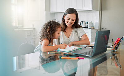 Buy stock photo Mother helping her girl with writing her homework of a happy family house in her creative kids notebook. Mom, education and smart school student studying and distance learning with her young parent 
