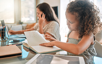 Buy stock photo Distance learning, independent or child development of a little girl studying from home and writing in a notebook. Young child doing online education with a busy mother or single parent