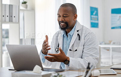 Buy stock photo Telemedicine, healthcare and video call with doctor talking on laptop to online patient during a consultation. Happy black professional offering support or medical advice during a medical appointment
