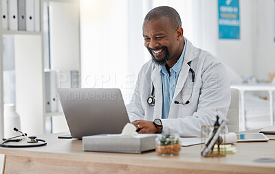 Buy stock photo Doctor, medical and healthcare worker on laptop checking history or medical data at hospital or clinic working with tech. GP man on computer reading emails, patient records and documents