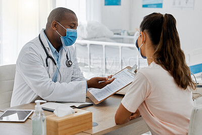 Buy stock photo Health insurance, compliance and medical admin in covid pandemic, doctor consulting with patient in office. Healthcare professional helping a woman, discussing plan while signing permission form 