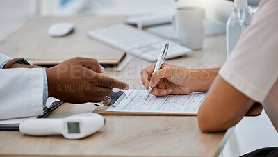 Buy stock photo Patient hands writing, filling in medical insurance form for information in professional clinic or hospital room. Doctor, medicine consultant or healthcare worker advising woman during consultation.