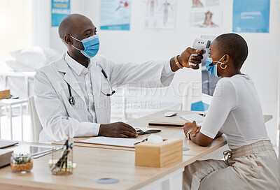 Buy stock photo Doctor checking temperature of covid patient while testing for high fever symptoms of sick, flu or illness. Screening woman for a healthcare consult, checkup and visit in a hospital or medical clinic
