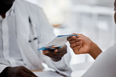 Buy stock photo Hands of doctor giving flyer to patient about hospital help,  medical clinic contact us information. Sick black woman with health problem consulting a professional healthcare worker, nurse or expert