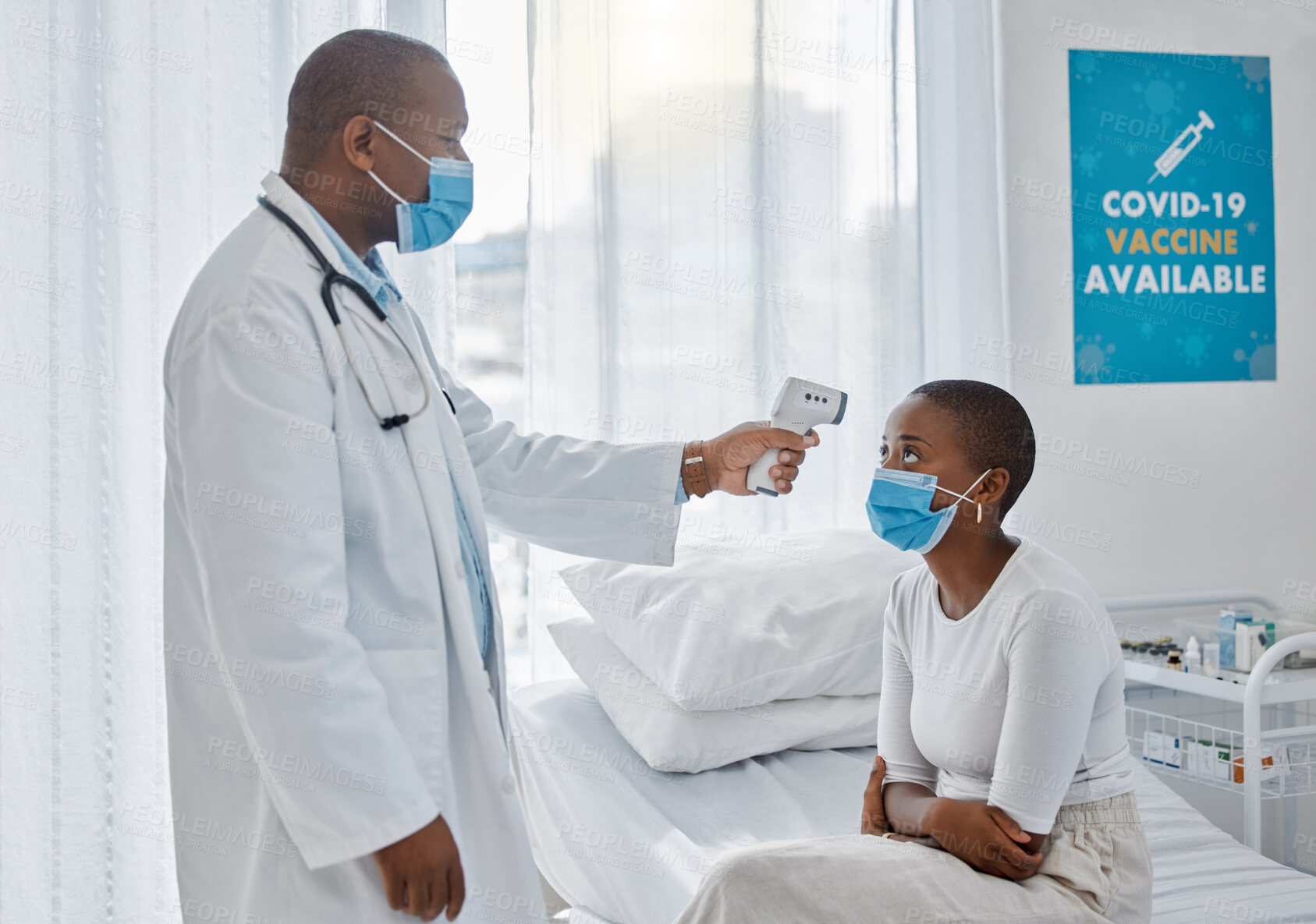 Buy stock photo Doctor checking temperature of covid patient while testing for high fever symptoms of sick, flu or illness. Screening woman for a healthcare consult, checkup and visit in a hospital or medical clinic