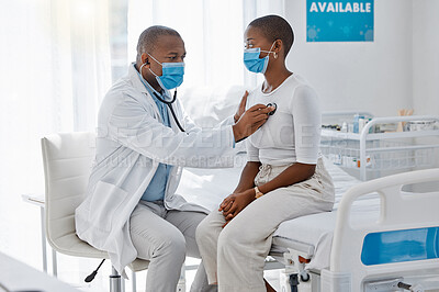 Buy stock photo Consulting doctor, stethoscope and covid patient in medical consultation, checkup or visit in clinic, hospital or healthcare center. Professional gp or worker in chest exam, test or listening to lung