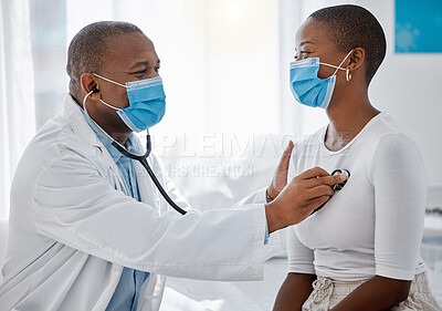 Buy stock photo Healthcare, insurance and compliance with covid regulations during a consultation with a doctor and patient. Health care professional doing a checkup with a stethoscope on a young, happy woman