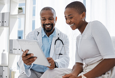 Buy stock photo Doctor, healthcare and medicine with a patient talking test results and progress on a tablet in a hospital clinic. Trust, help and medical consulting with a professional medicare worker in his office