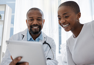 Buy stock photo Doctor, good news and medical patient at hospital healthy black woman got her test results after consulting. Smile, happy and healthcare professional worker support, helping and working in his office