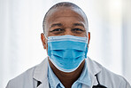 Covid doctor wearing face mask for safety, precaution and hygiene while working in a medical hospital or clinic. Portrait of trusted male physician, healthcare expert and frontline worker in pandemic
