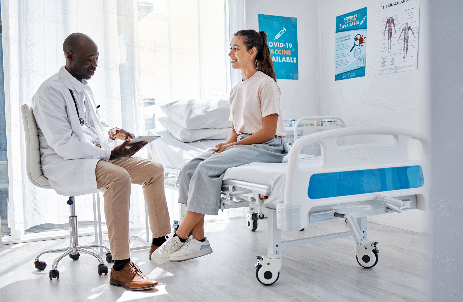 Buy stock photo Doctor consulting, explaining diagnosis and medical checkup on digital tablet with patient in a clinic. Healthcare worker and physician in appointment with medicine advice, wellness and test feedback