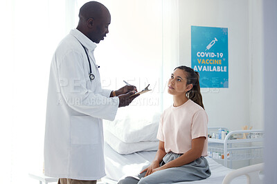 Buy stock photo Medical, worker and doctor consulting a patient for health and wellness and writing diagnosis at the hospital. Healthcare man working on insurance, paper or checklist for woman at a clinic.