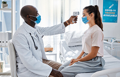 Buy stock photo Temperature, thermometer and covid routine with doctor, medical professional and healthcare worker in clinic, hospital or wellness center. Woman or patient with mask checking fever to prevent disease