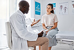 Doctor consulting patient for covid vaccine, wellness check and medical test results in clinic surgery. Healthcare worker and hospital staff in discussion about medicine service and healthy feedback