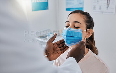 Buy stock photo Female patient in thyroid exam from doctor, checking throat for covid virus in gp appointment or medical checkup in hospital. Woman with health insurance and face mask getting healthcare treatment