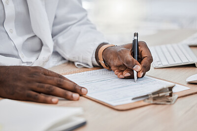 Buy stock photo Doctor writing a prescription or medical history, record or insurance in his office and working on a health document. Closeup of a healthcare black male professional or GP signing a contract