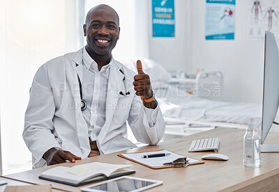 Buy stock photo Doctor with thumbs up, success and trust hand sign or emoji for good healthcare, medical breakthrough or positive results. Happy portrait of health professional with like, thank you or ok finger icon