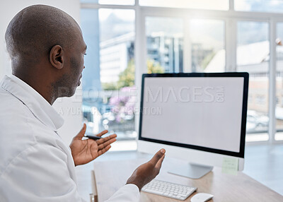 Buy stock photo Healthcare consulting, medical video call and computer virtual help for telehealth medicine test from doctor. Marketing technology mockup, internet website and computer research online in surgery