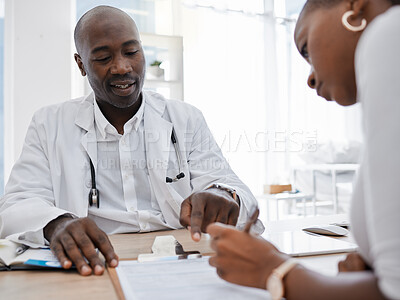 Buy stock photo Doctor, patient and signing insurance paper while talking and pointing at consent form in clinic, hospital and health center. Consulting, medical checkup and medicine research with healthcare worker