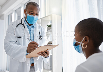 Buy stock photo Covid doctor or medical worker consulting a patient for and writing health information at the hospital. Healthcare man working on insurance, paper or checklist for a woman at a clinic