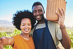 Fruit farmer selfie, environment harvest or agriculture vineyard worker couple on countryside nature garden field. Smile portrait of happy people with sustainability growth for food or wine industry