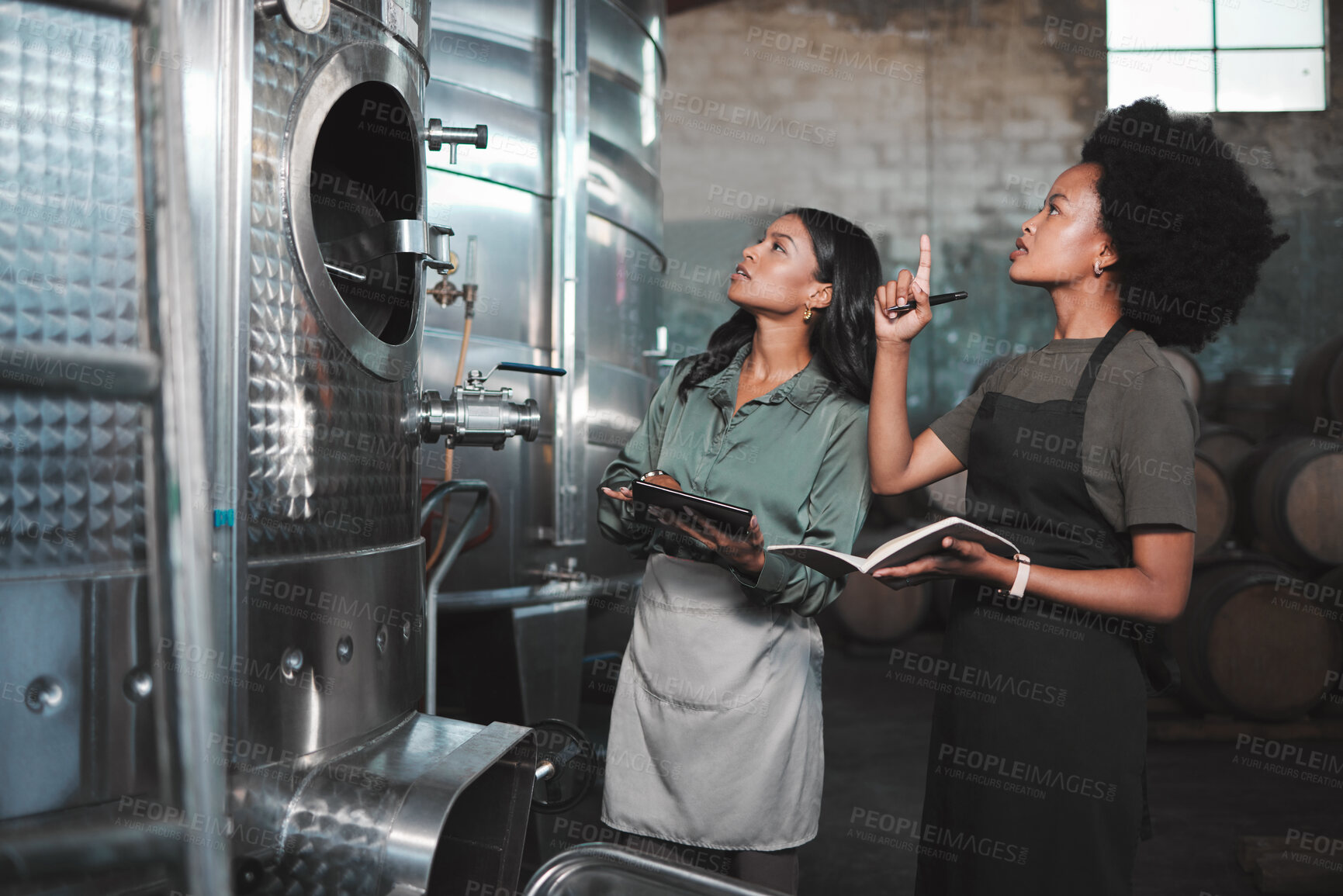 Buy stock photo Wine, farming and distillery workers doing quality and sustainability checkup in alcohol manufacturing industry. Farmers or employees in production cellar warehouse or brewing factory business  