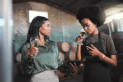 Buy stock photo Friends, wine tasting or countryside wine farm with alcohol smell in drink glass on environment sustainability distillery. Woman learning agriculture industry with working vineyard restaurant people