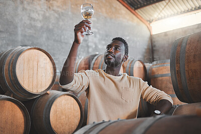 Buy stock photo Wine expert or entrepreneur with glass during tasting test in a cellar or distillery in a warehouse. Black agriculture worker in alcohol production storage or wooden barrel in a manufacturing winery