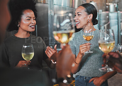 Buy stock photo Women diversity and friends wine tasting on countryside farm with alcohol drink glass in sustainable distillery. Happy people bonding, talking or learning agriculture vineyard industry