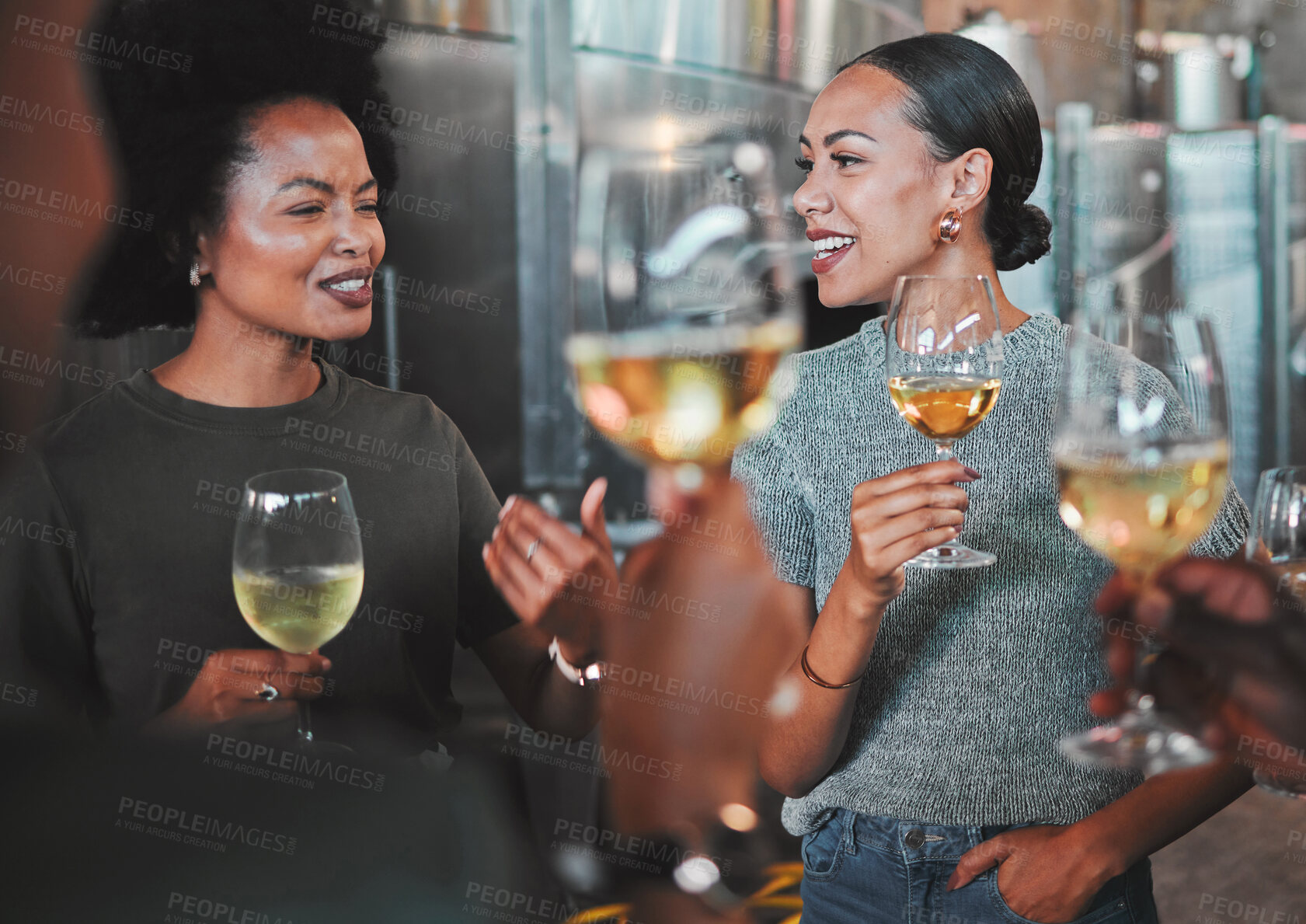Buy stock photo Women diversity and friends wine tasting on countryside farm with alcohol drink glass in sustainable distillery. Happy people bonding, talking or learning agriculture vineyard industry