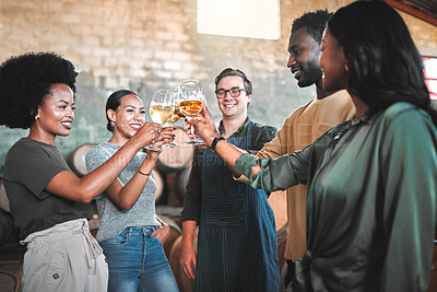 Buy stock photo Friends wine tasting, giving cheers and toast celebrate with champagne glasses in cellar, distillery and brewery. Group of happy, diversity and smile people for social event, hangout and winery tour