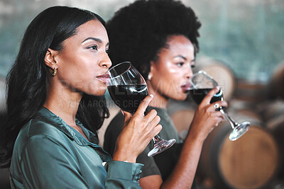 Buy stock photo Luxury, hospitality and friends at wine tasting event, drink and enjoying new experience together in a vineyard cellar. Diverse women bonding while trying and testing the quality of a popular blend
