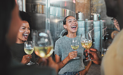 Buy stock photo Celebration, champagne glasses and friends at wine tasting experience or celebrating success for about us hospitality homepage. Business people drinking luxury alcohol in winery business or industry