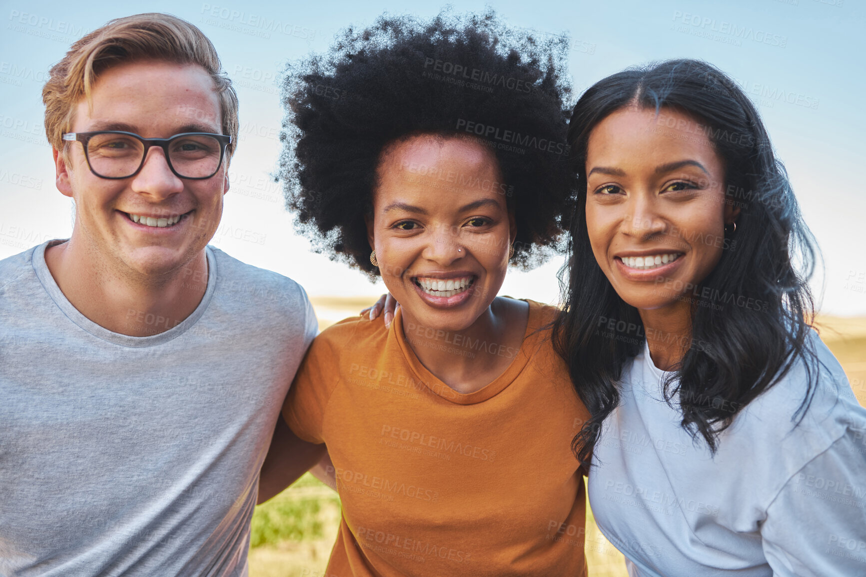 Buy stock photo Diversity, happy with friends together in fun collaboration and teamwork quality time on a countryside farm. Relax, happy and summer people on holiday vacation in the nature outdoors