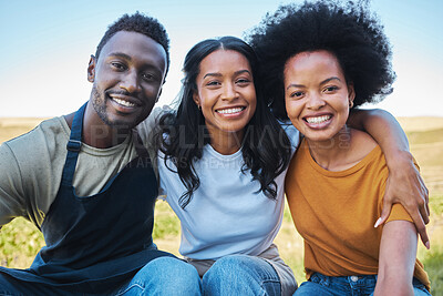 Buy stock photo Diversity, black afro friends hugging, bonding and smile together outside. Happy group of people enjoying vacation and having fun during summer with friendship on their holiday and nature travel