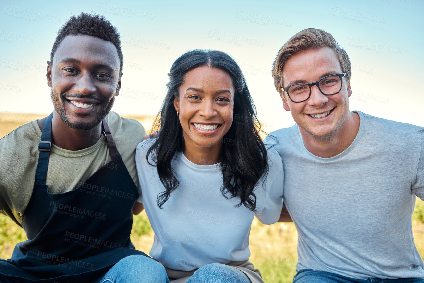 Buy stock photo Teamwork, sustainability and community of farmer workers happy about team collaboration in nature. Portrait of global agriculture worker diversity in a countryside about to check green farm growth