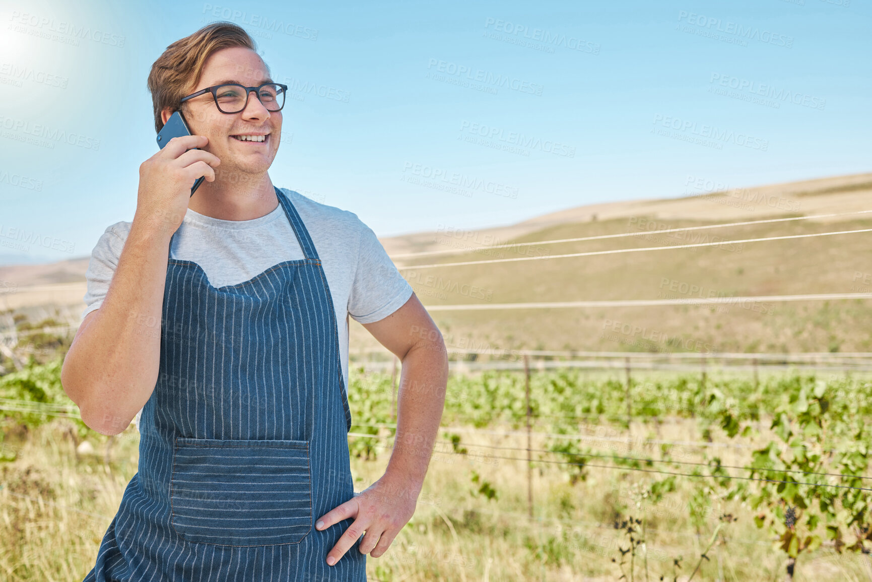 Buy stock photo Vineyard, grape farm and farmer on phone call with happy smile for good new or online success in countryside or agriculture industry. Sustainable female on cellphone making small business investment