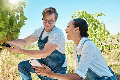 Buy stock photo Phone app, laughing wine farmer and happy sustainability agriculture couple with 5g harvest growth data. Interracial man, woman or nature vineyard workers with smile on countryside environment field