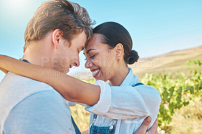 Buy stock photo Love, happy and in nature couple on summer or spring trip or vacation holiday travel together in countryside or field. Smile, happiness and romantic young people on a calm and  sunshine outdoor date